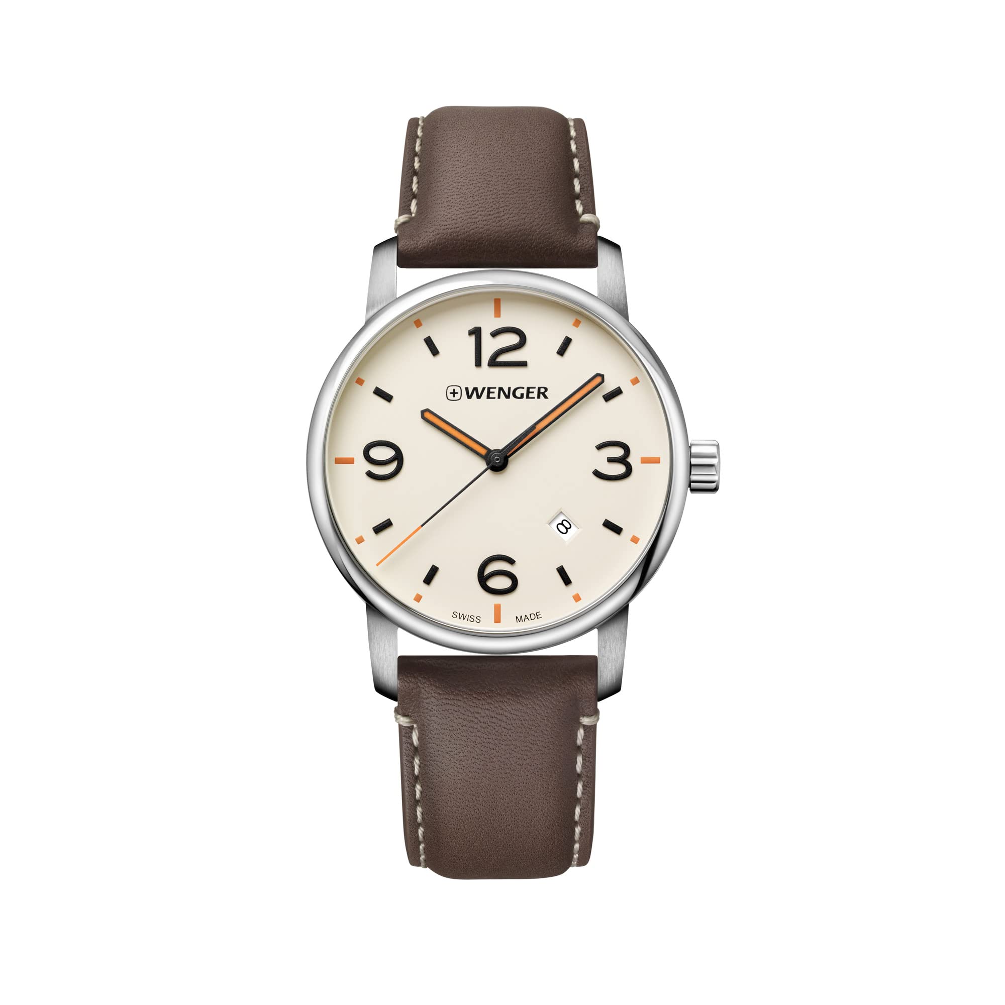 ウェンガー Wenger Mens Stainless Steel Quartz Watch with Leather Strap Brown Model 01.1741.133 送料無料
