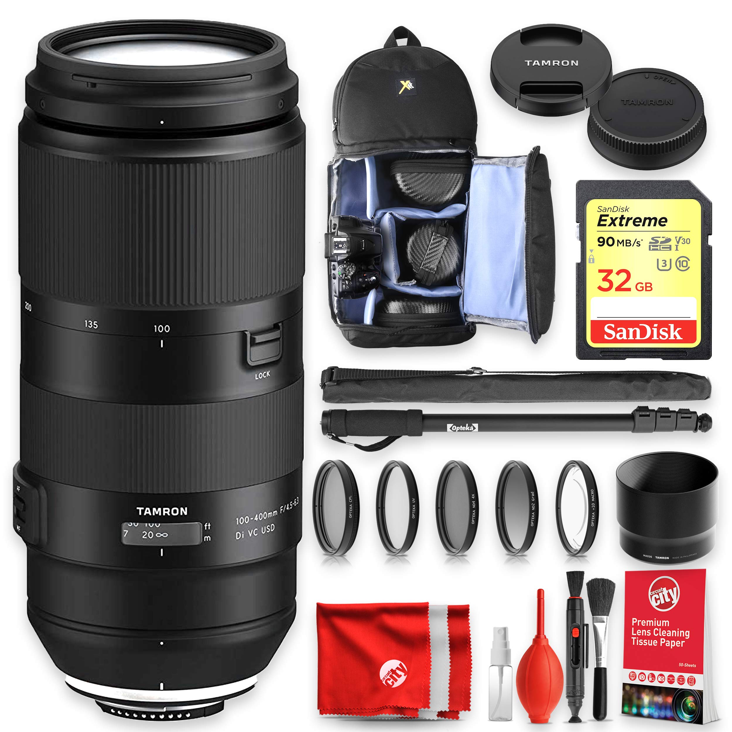 タムロン Tamron 100-400mm F4.5-6.3 VC USD Telephoto Zoom Lens for Nikon with Sandisk Extreme 32GB Memory Backpack Acce