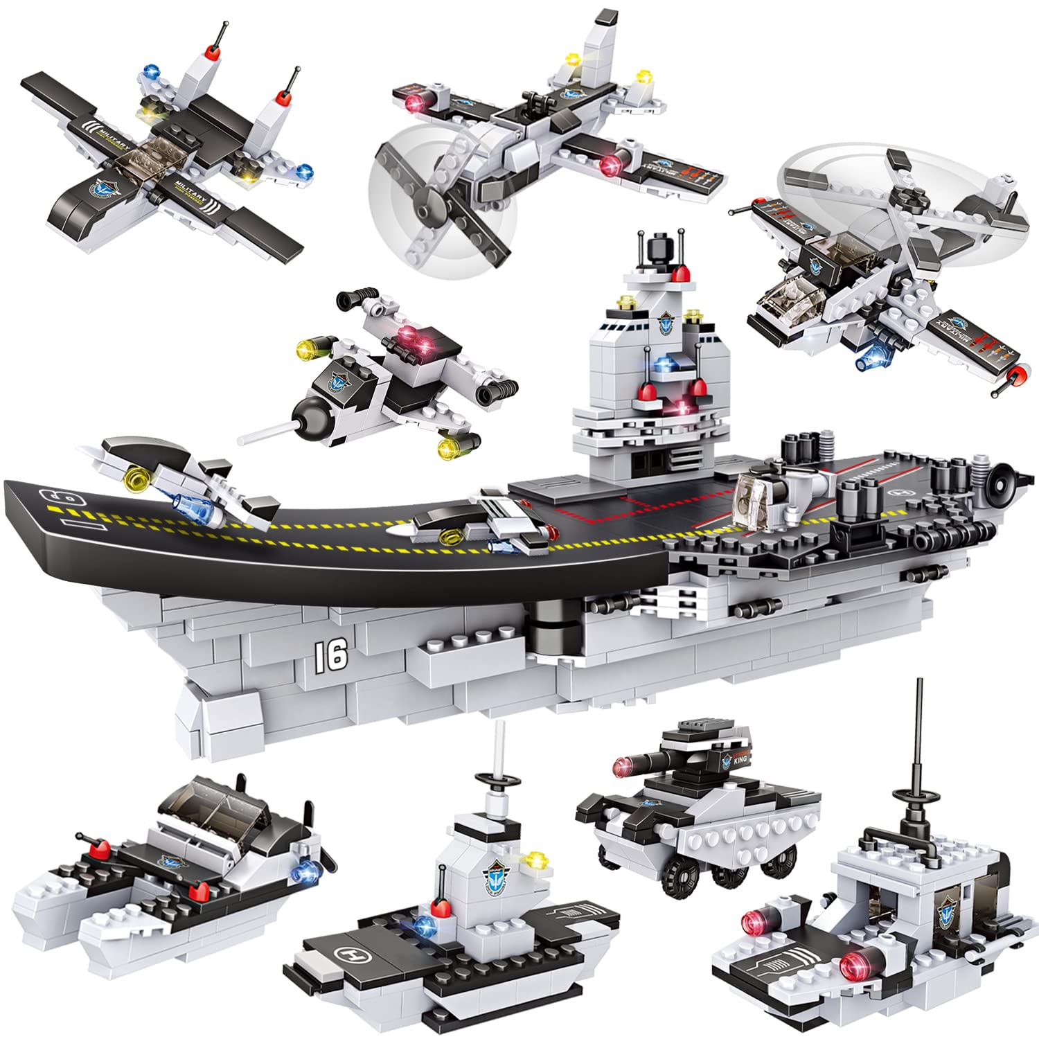 WishaLife 1320 Pieces Aircraft Carrier Building Blocks Set Military Battleship Model Toy with Army Car Helicopter Boat M