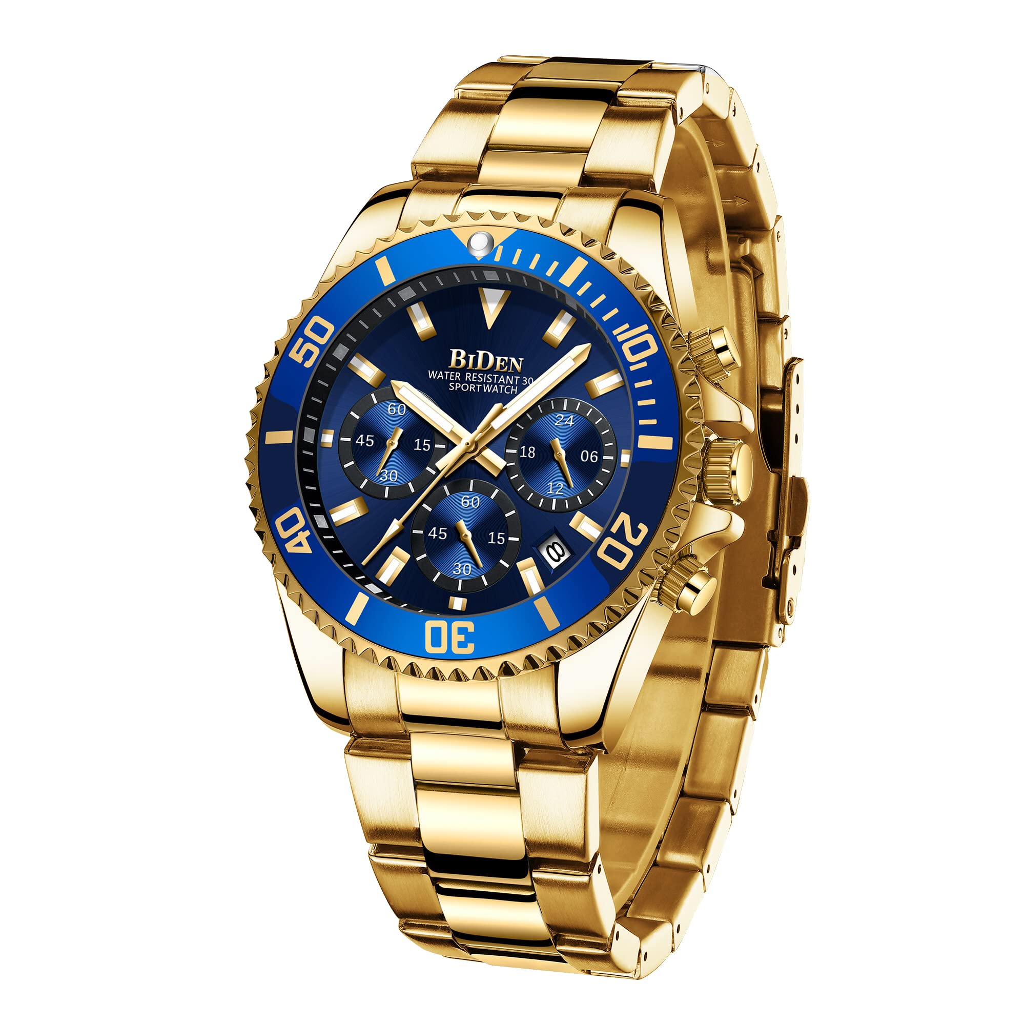 BIDEN Mens Watches Chronograph Gold Blue Stainless Steel Waterproof Date Analog Quartz Watch Business Casual Fashion Wrist Wa