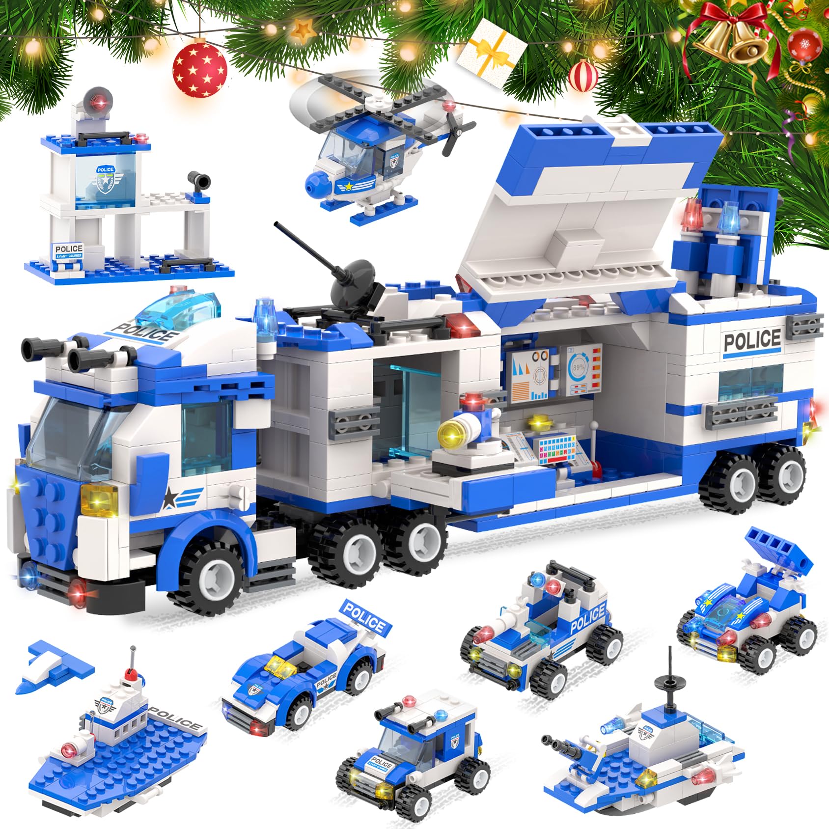 1338 Pieces City Police Mobile Command Center Truck Building Blocks Set with Police Station Police Car Helicopter Boat Be