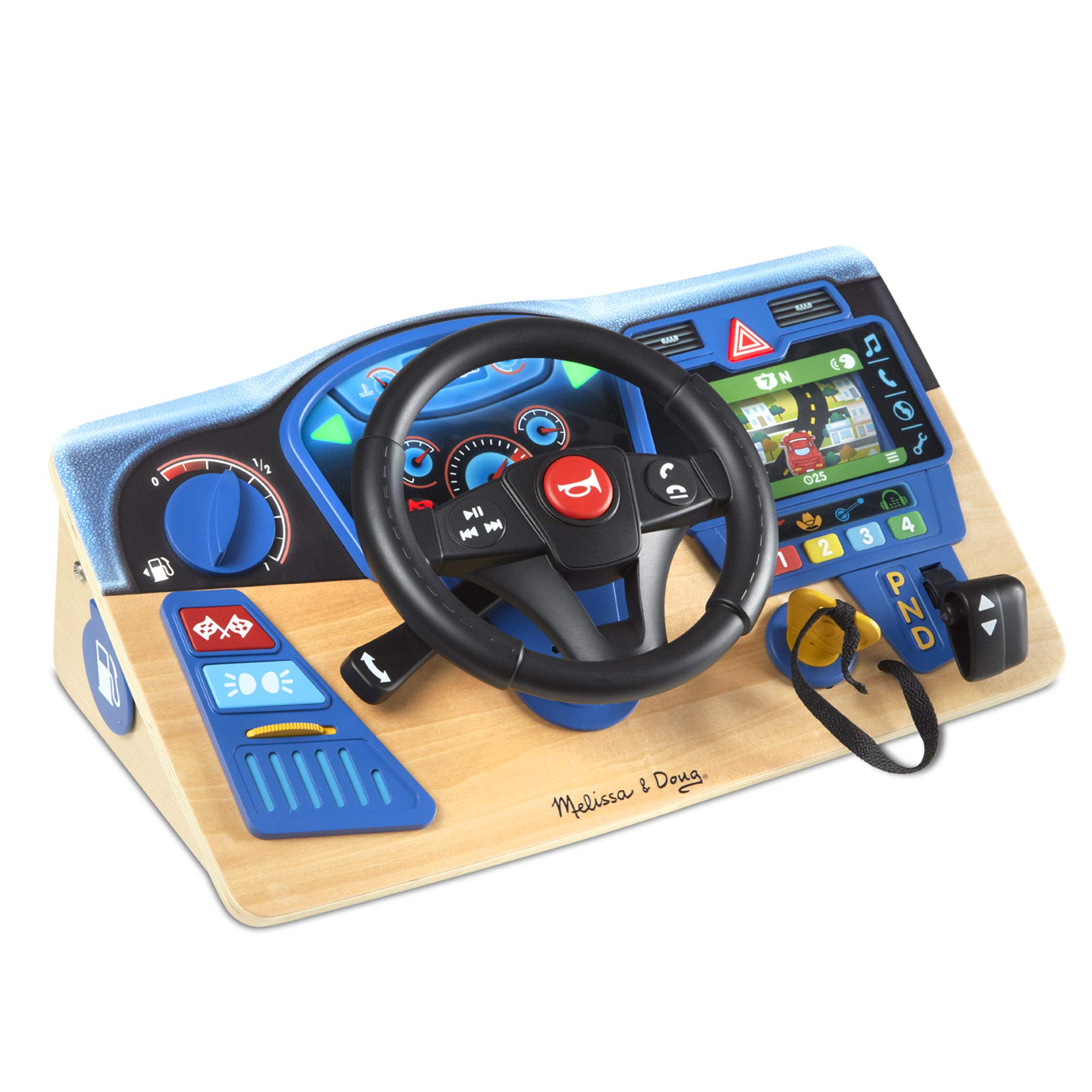 Melissa Doug Vroom Zoom Interactive Wooden Dashboard Steering Wheel Pretend Play Driving Toy - Kids Activity Board Toddl