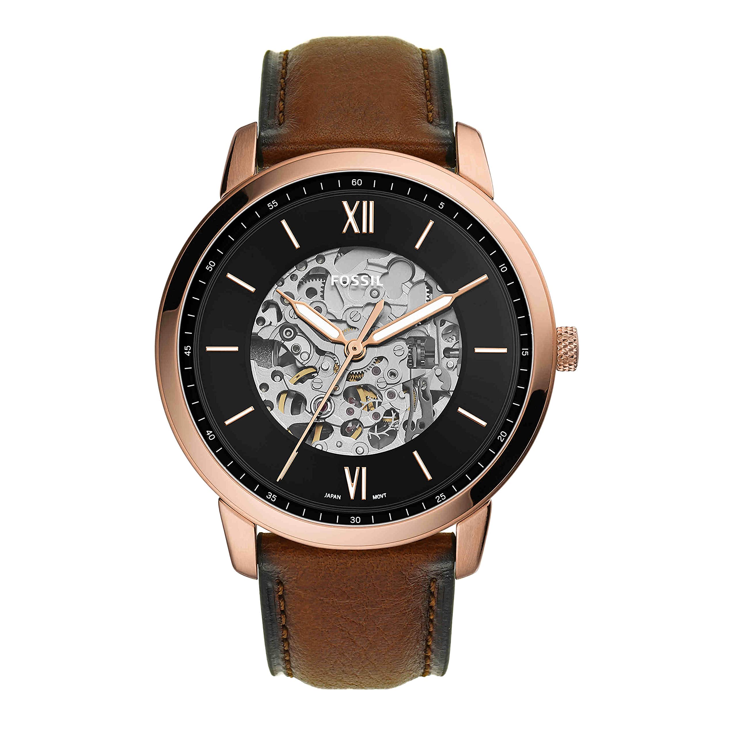 フォッシル Fossil Mens Neutra Automatic Stainless Steel and Eco Leather Three-Hand Skeleton Watch Color Rose Gold Br