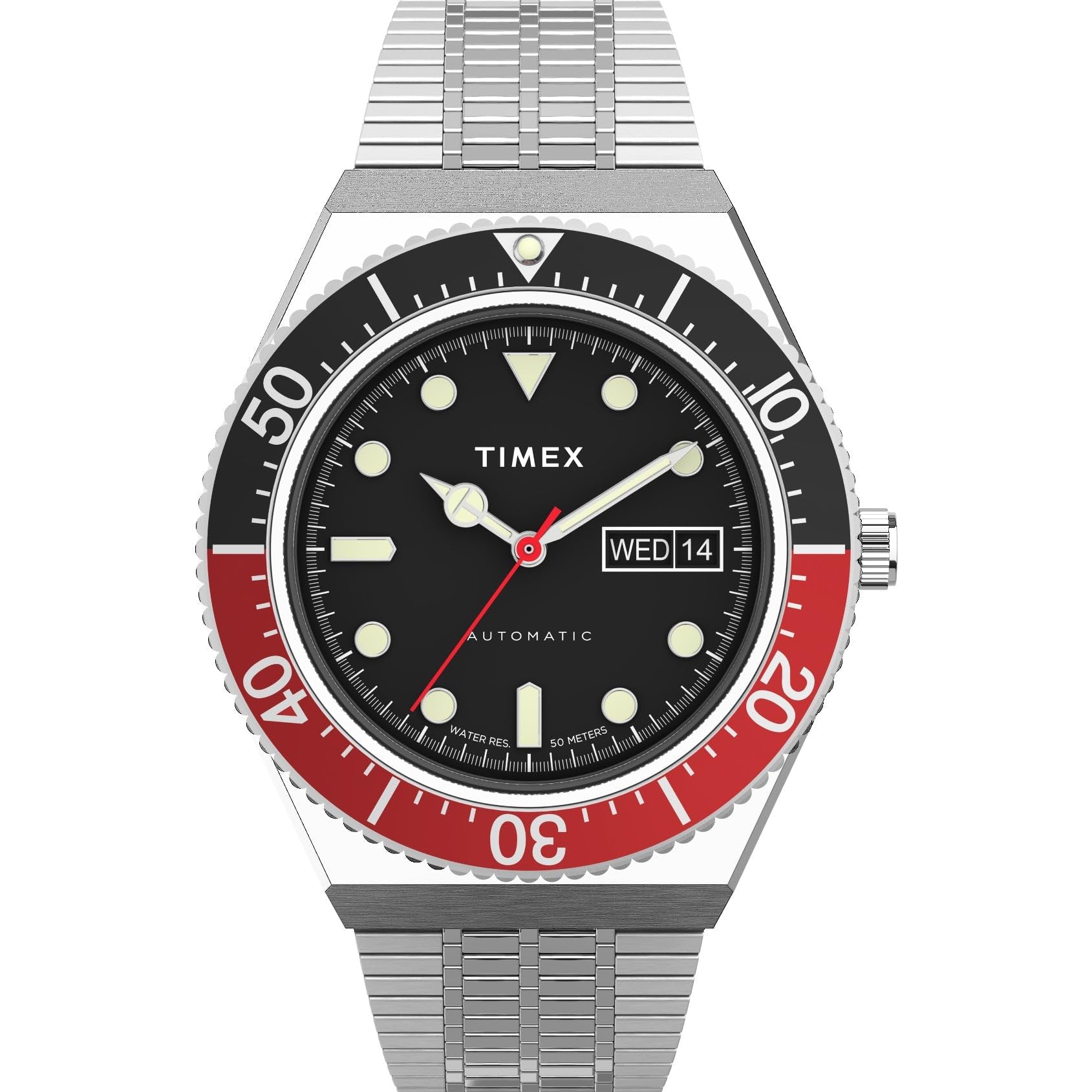 タイメックス Timex Mens M79 Automatic 40mm Watch Silver-Tone Case Black Dial RedBlack Top Ring with Stainless Ste