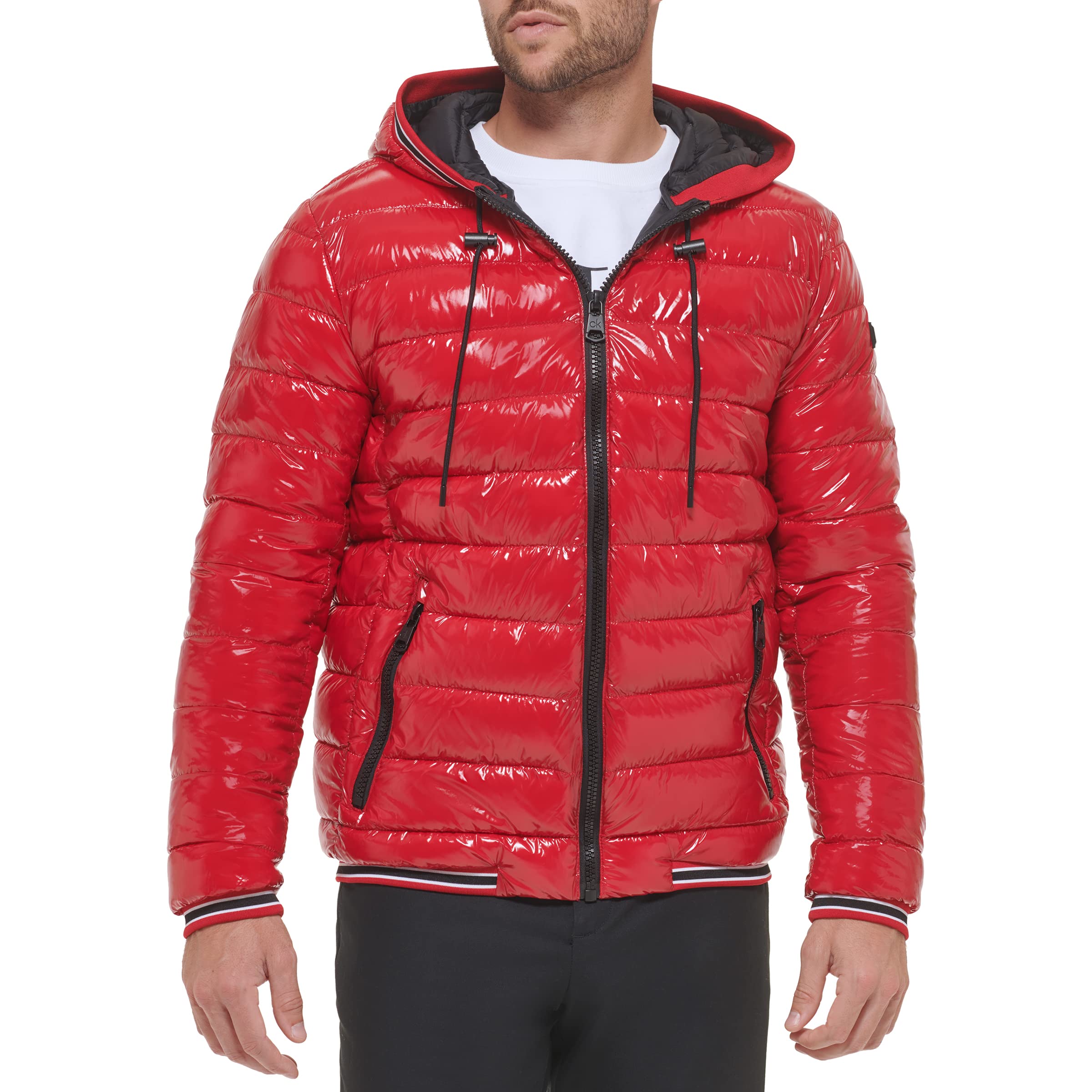 カルバンクライン Calvin Klein Hooded Shiny Puffer Jackets Winter Coats for Men True Red Medium 送料無料