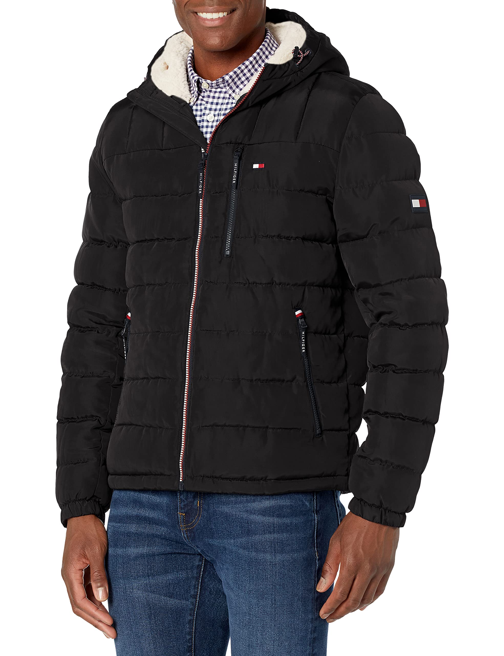 トミー ヒルフィガー Tommy Hilfiger Mens Midweight Sherpa Lined Hooded Water Resistant Puffer Jacket Black Tech Sm