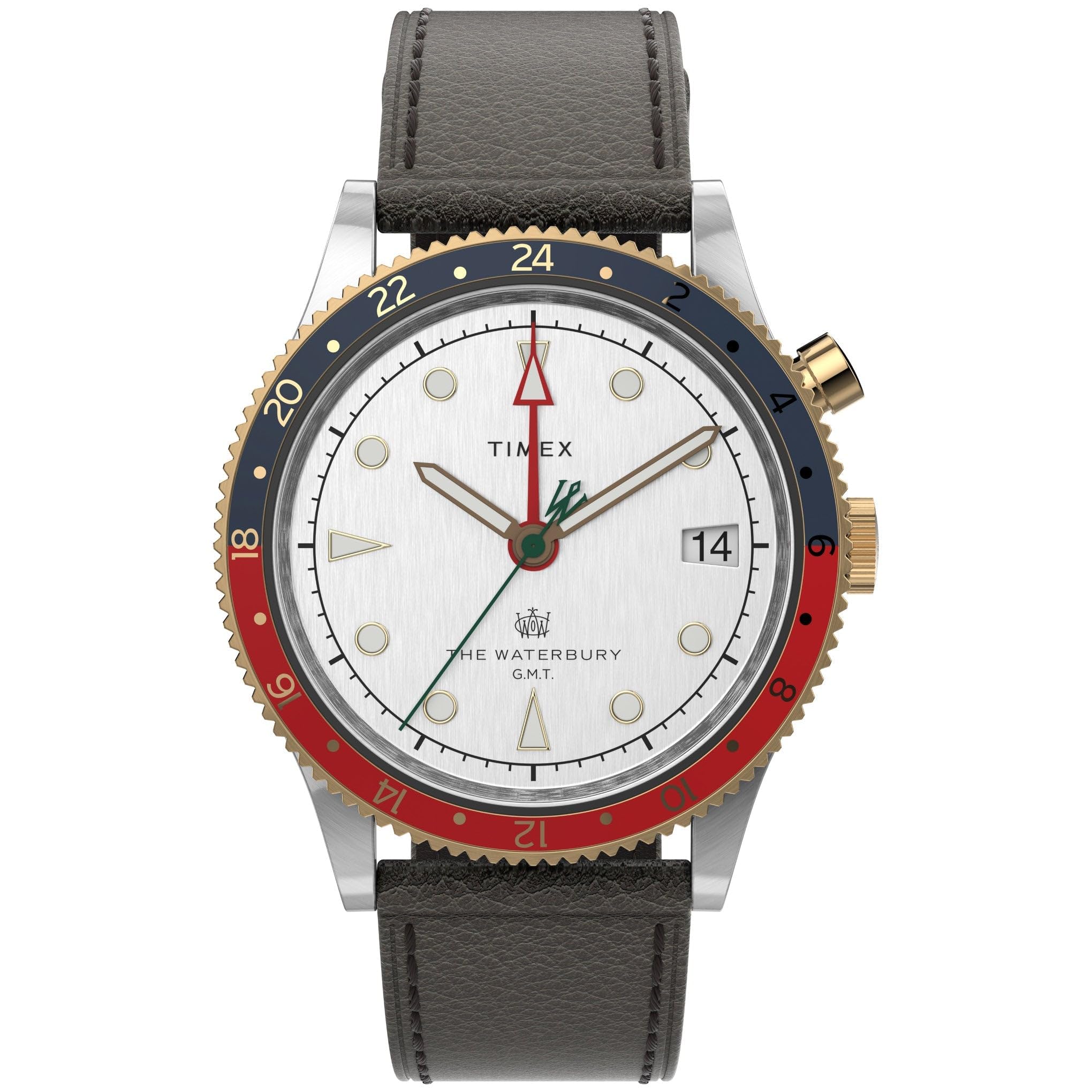 タイメックス Timex Mens Waterbury Traditional GMT 39mm Watch Stainless Steel Case White Dial RedBlue Top Ring Gol