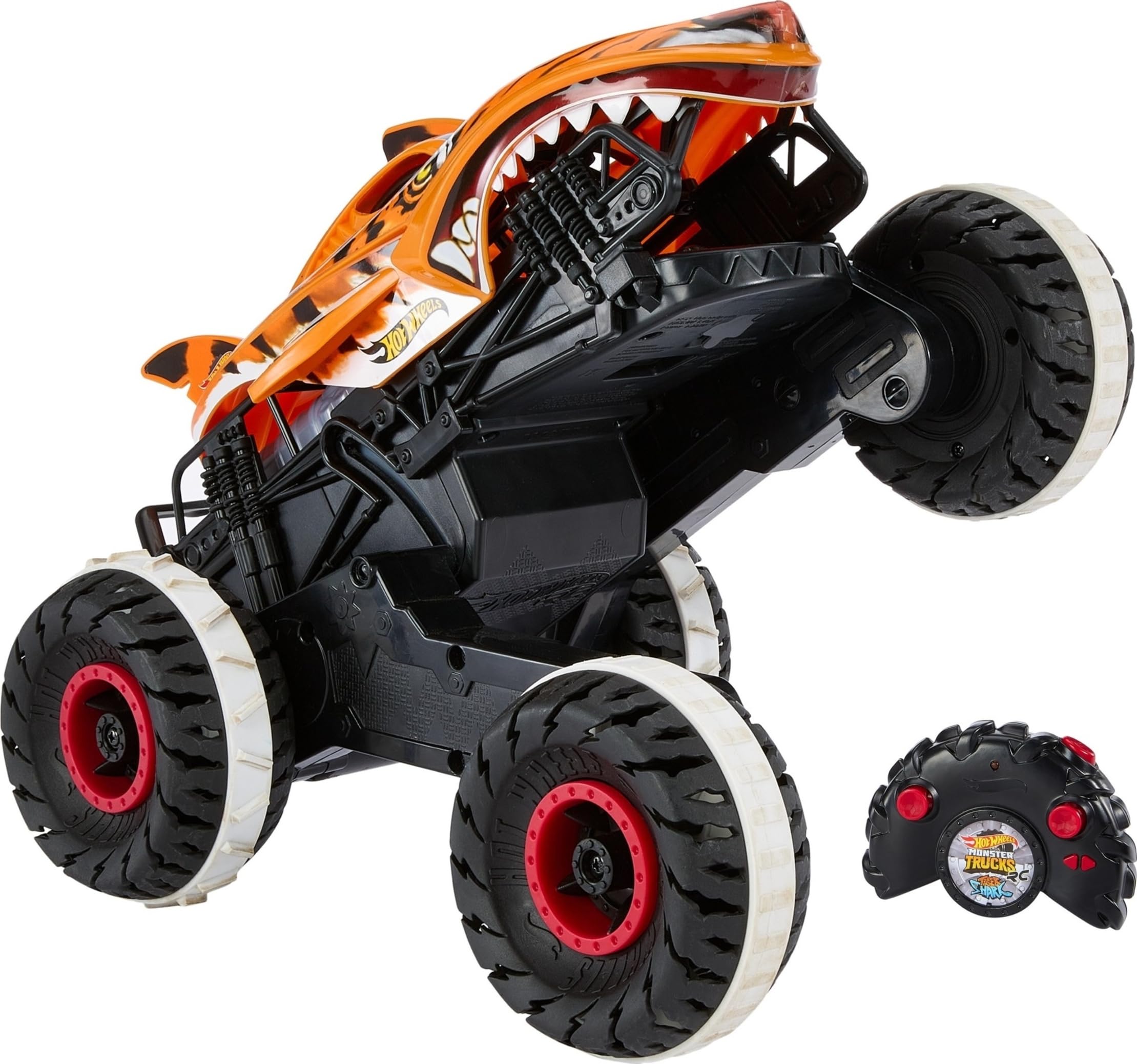 マテル Hot Wheels Rc Monster Trucks Unstoppable Tiger Shark in 115 Scale Remote-Control Toy Truck with Terrain Action Ti