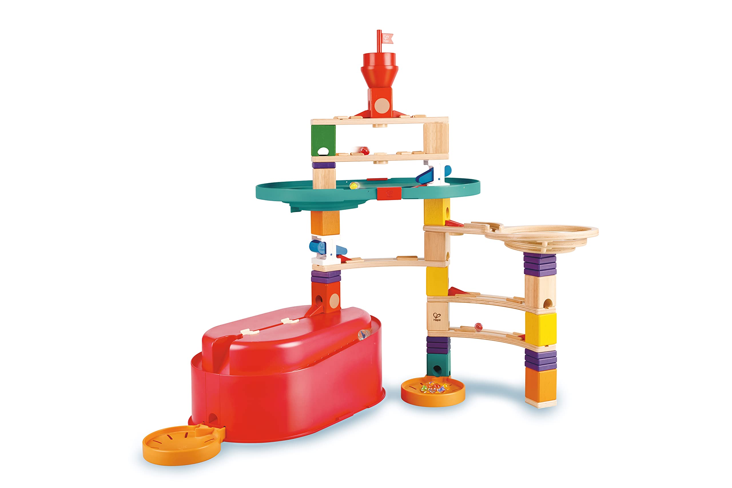Hape 90 Piece Quadrilla Stack Track Bucket Box Marble Race Building Set for Children Ages 4 and Up with 25 Marbles for STEAM