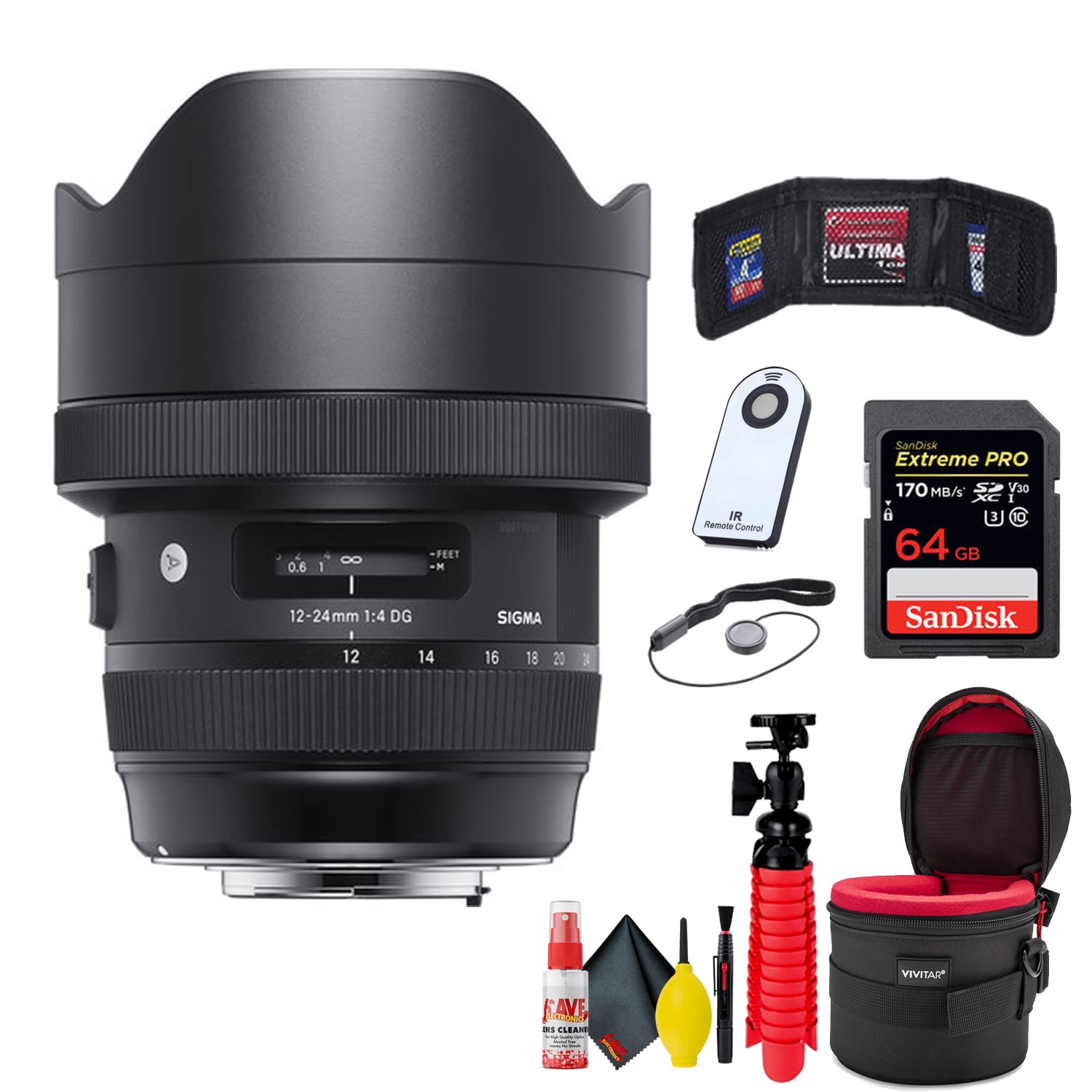 シグマ Sigma 12-24mm f4 DG HSM Art Lens for Nikon F 64GB Sandisk Extreme Pro SD Card Extreme Bundle with Accessories