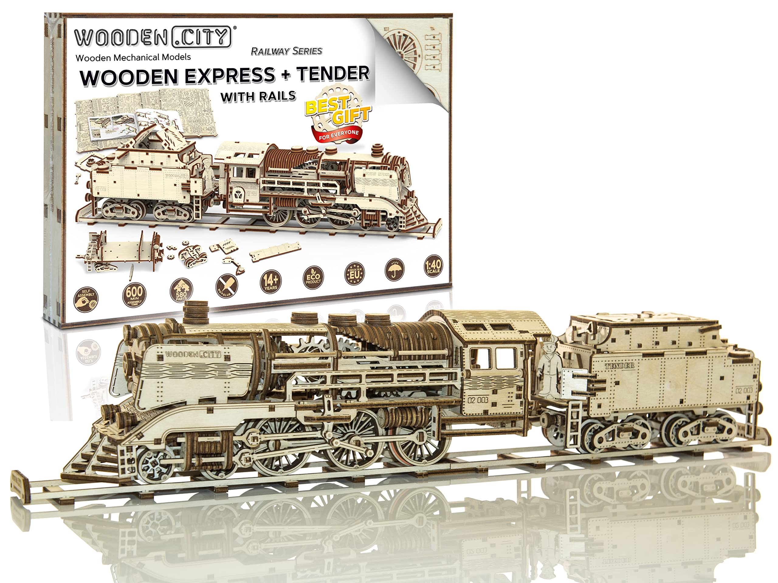 WOODEN.CITY 3D Mechanical DIY Steam Locomotive - Train Model Kits for Adults - 3D Wooden Puzzles - Trains for Adults - Wooden
