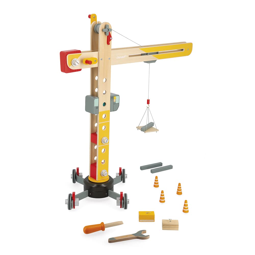 Janod - Large 74 cm-Tall Wooden Crane - Pretend Play Toy - Construction Game - 360 Rotation and Mobile - 12 Accessories Inc