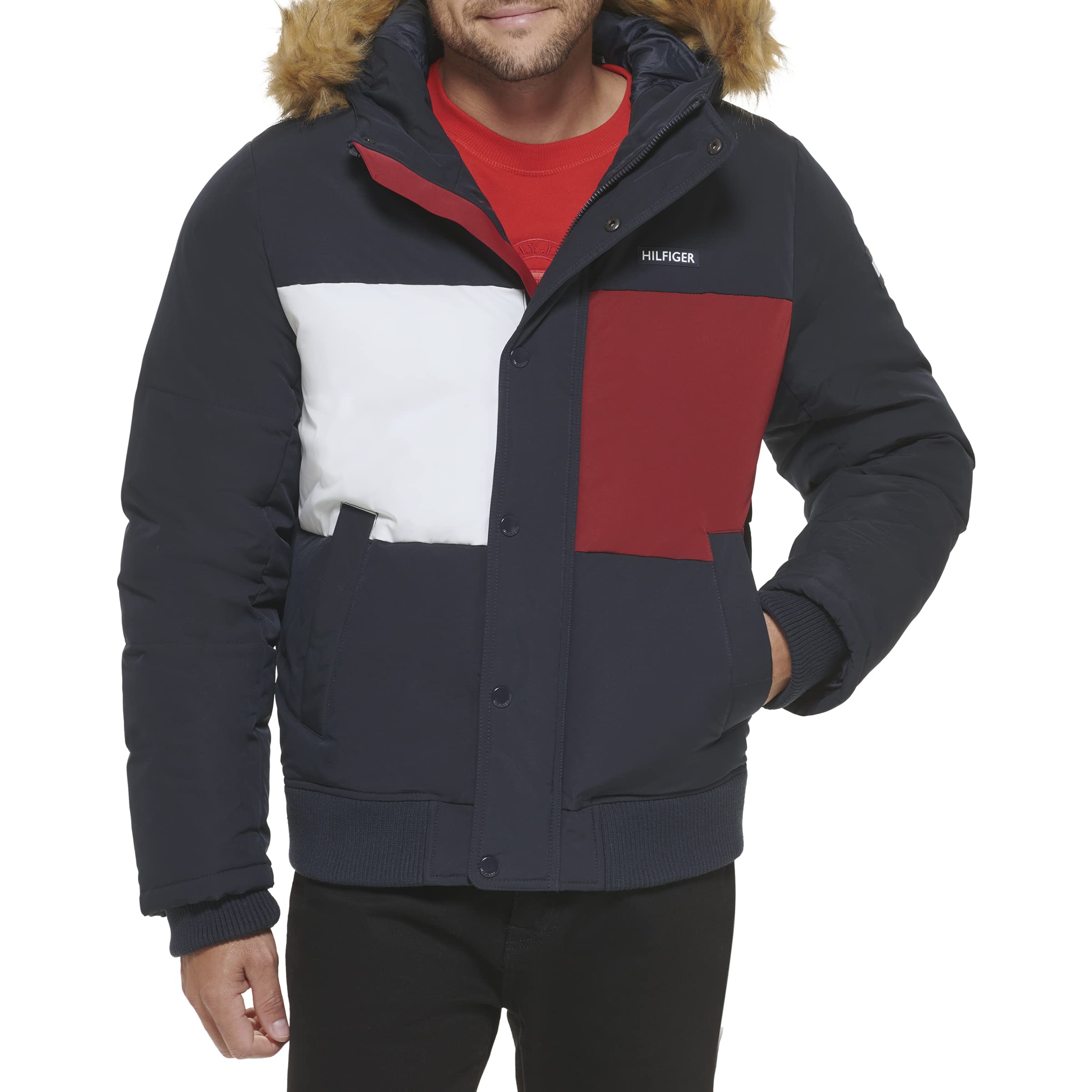 トミー ヒルフィガー Tommy Hilfiger Mens Arctic Cloth Quilted Snorkel Bomber Jacket Tommy Logo Print XX-Large 送
