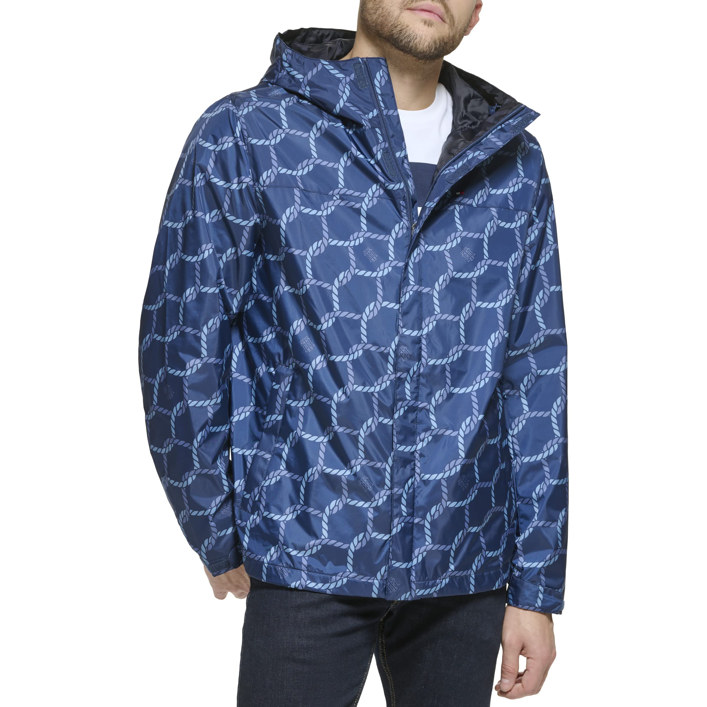 トミー ヒルフィガー Tommy Hilfiger Mens Lightweight Breathable Waterproof Hooded Jacket Navy Rope Print 3X-Large