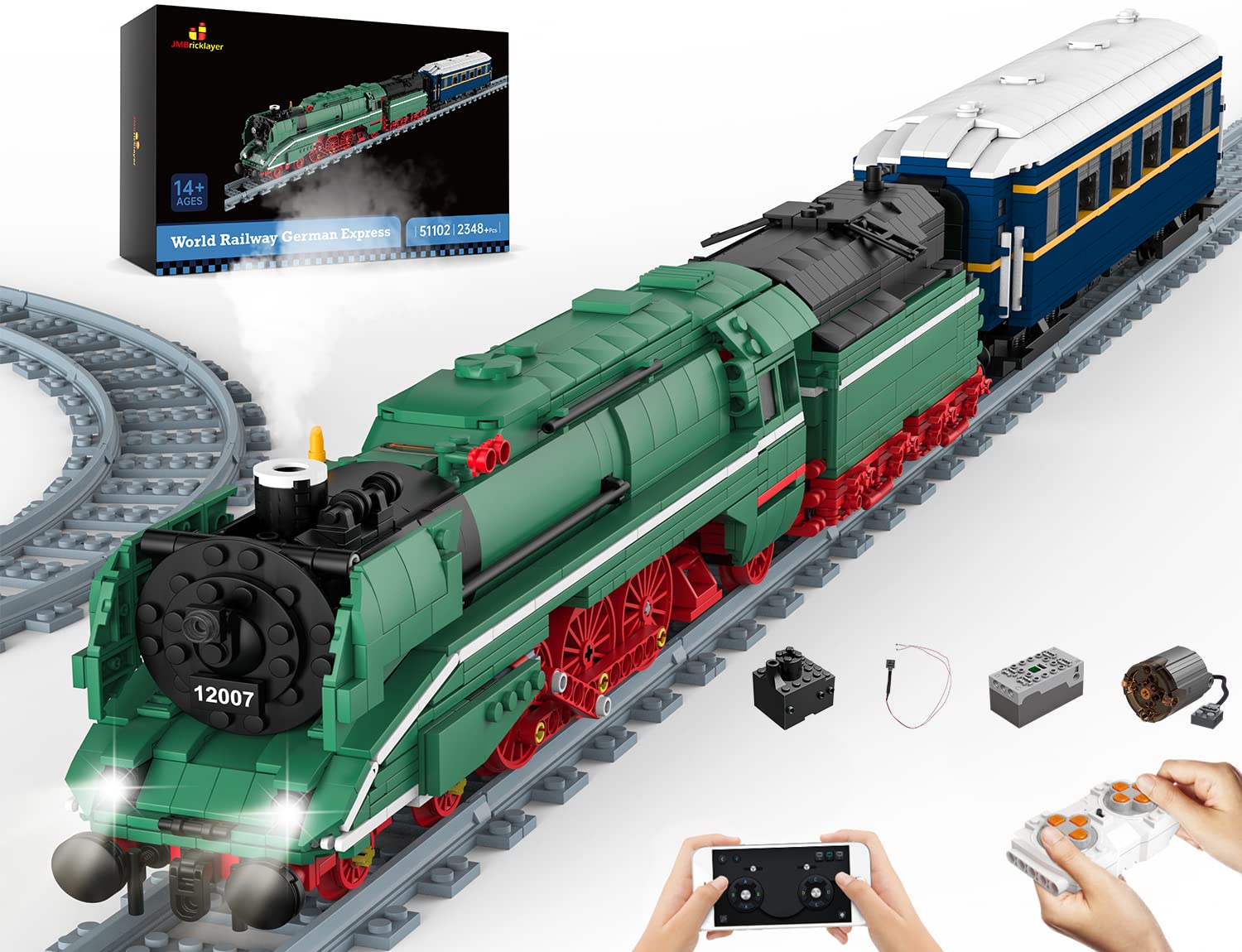 JMBricklayer German Express Train Building Kit - RC Steam Train Building Block Toy Scale Model Train with Train Tracks Adul