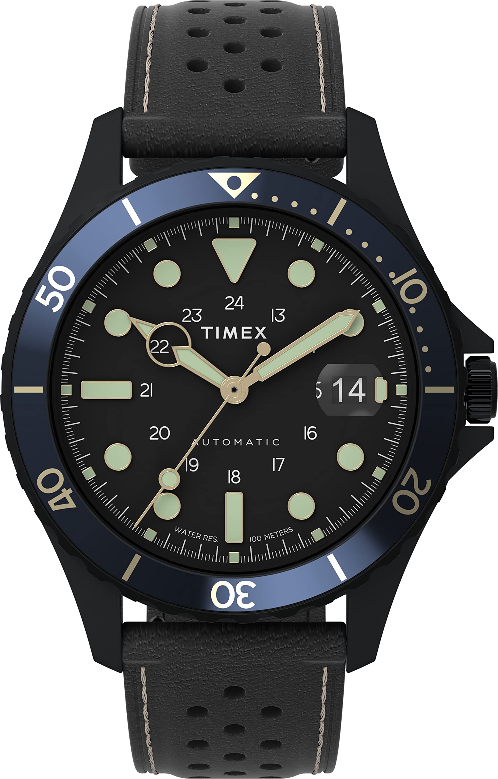 タイメックス Timex Mens Navi XL Automatic 41mm Watch Black Stainless Steel Case Dial Blue-Black Top Ring with Bl
