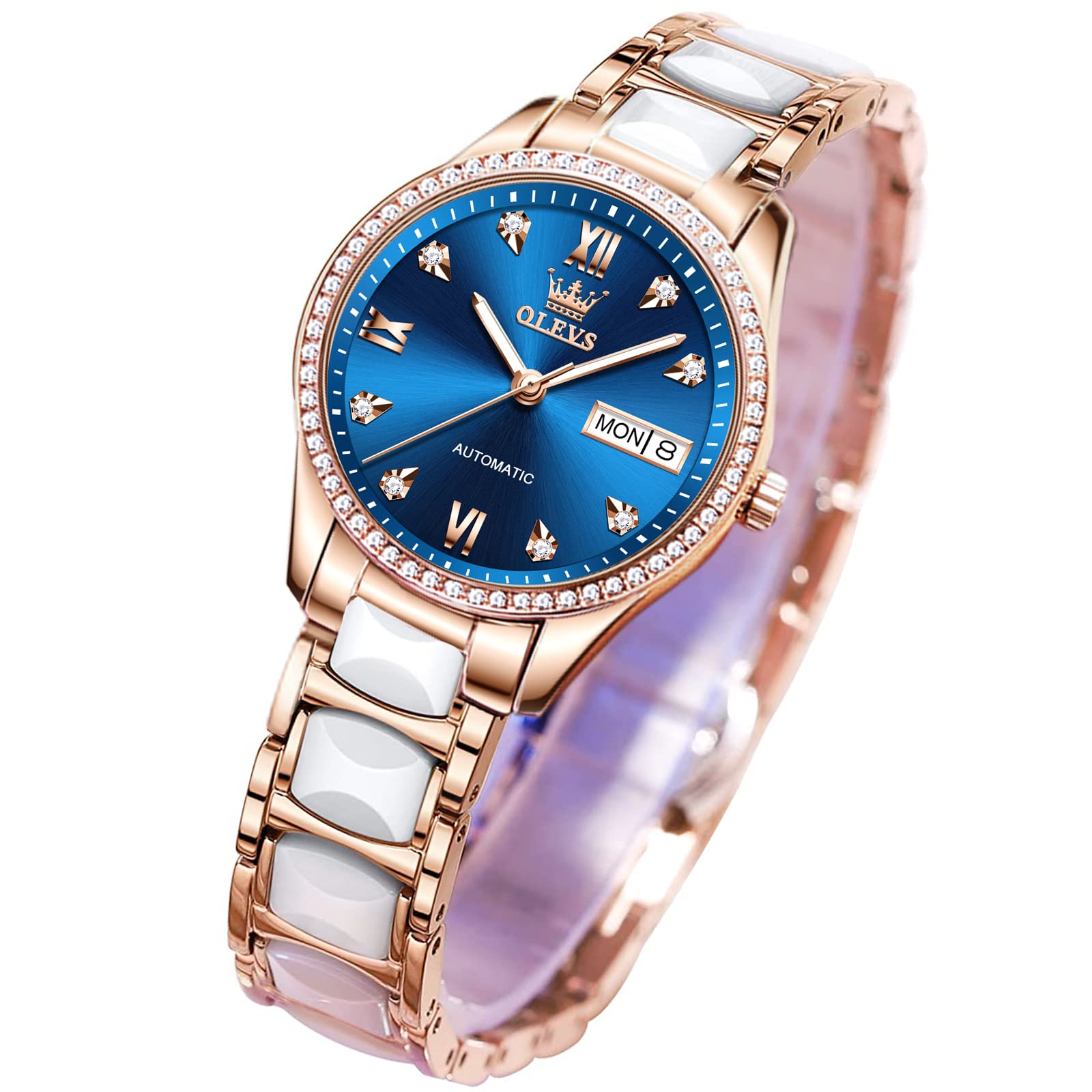 オレブス OLEVS Blue Self Winding Womens Watches Waterproof Rose Gold Stainless Steel Watches for Womens Ceramics Mechanic