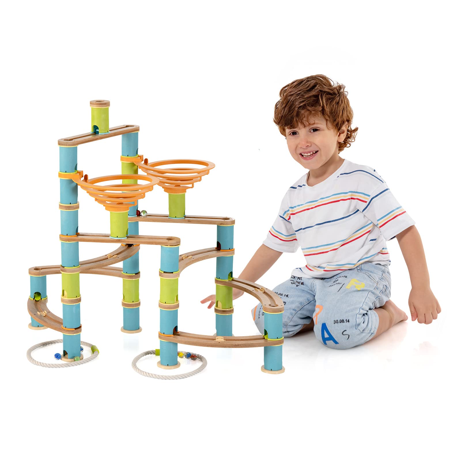 Costzon Kids Marble Run Building Toys 163 PCS Bamboo Educational Construction Maze Block Toy Set with Glass Marbles STEM Le
