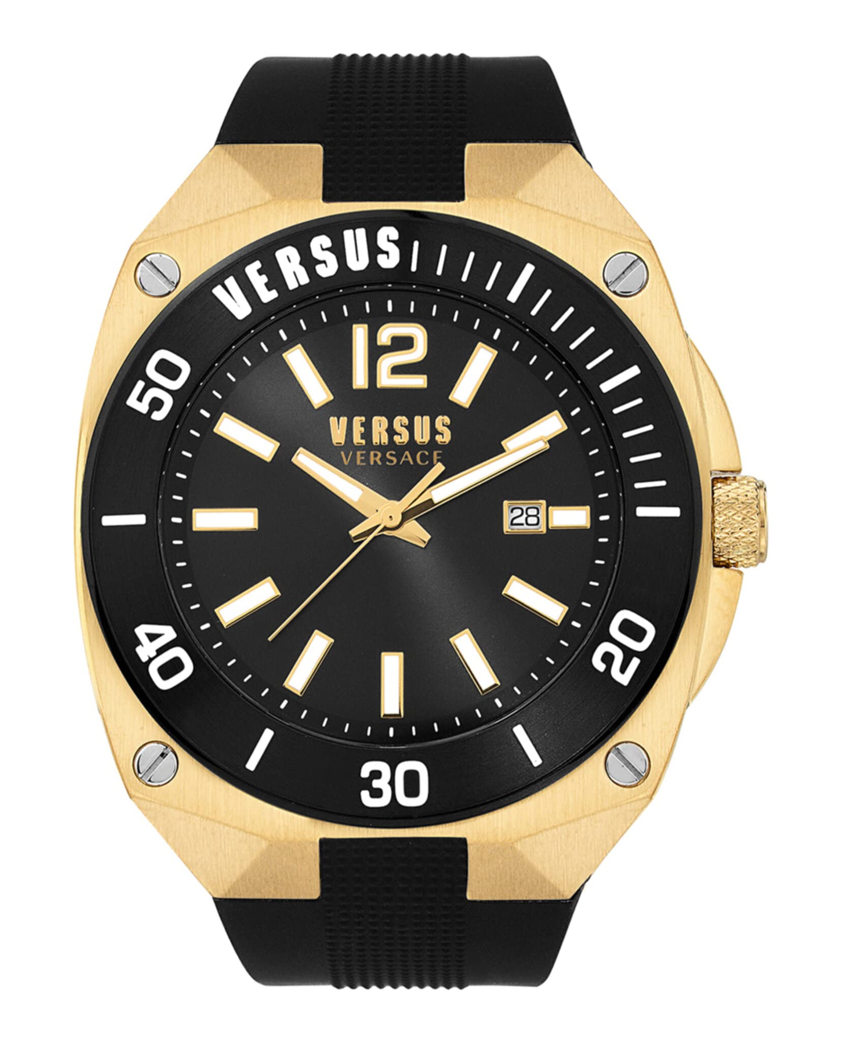 Versus Versace Versus Reaction Collection Luxury Mens Watch Timepiece with a Black Strap Featuring a Gold Case and Black Dial