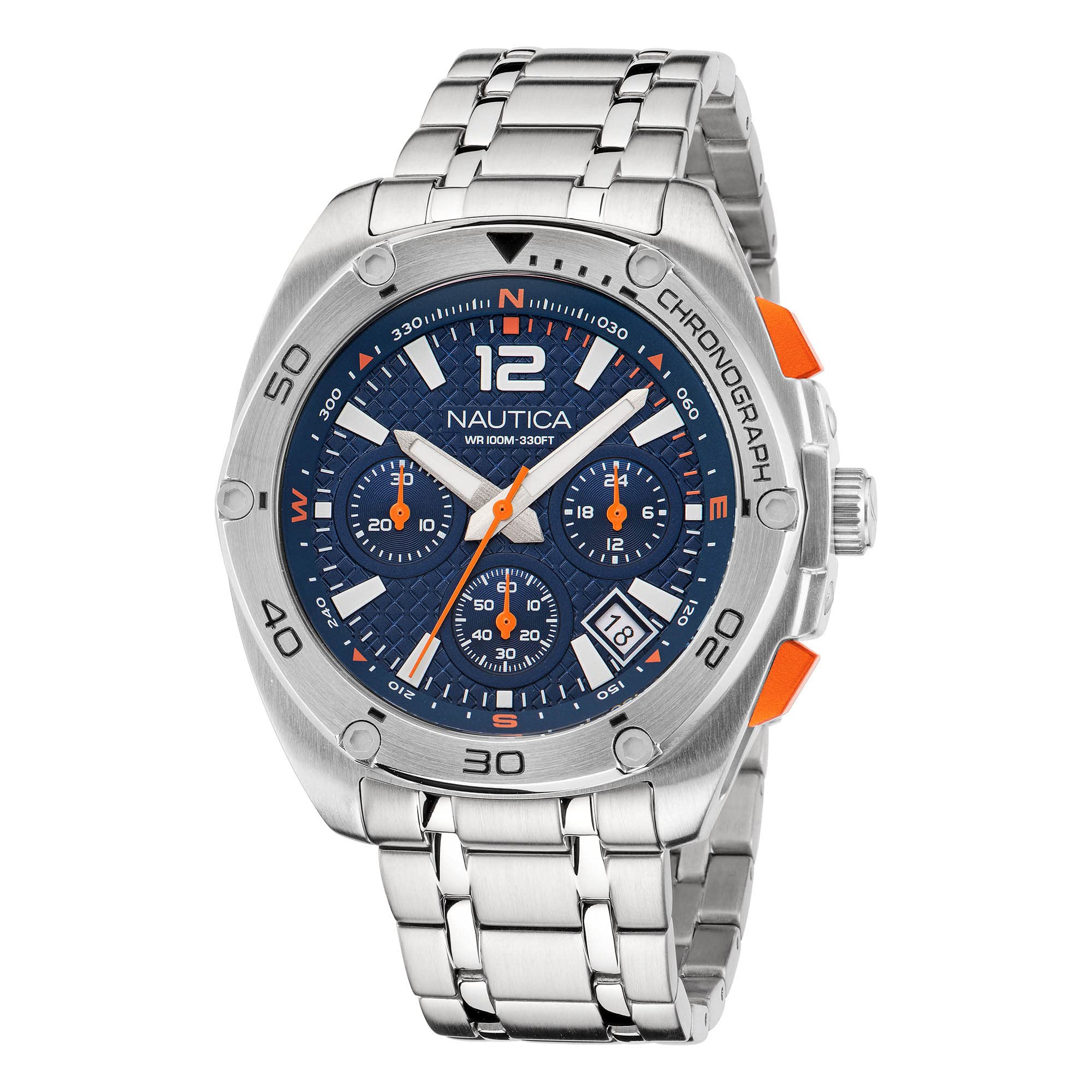 タイメックス Nautica Mens Tin Can Bay Chrono Stainless Steel Bracelet and Blue Silicone Strap Watch Model NAPTCF212