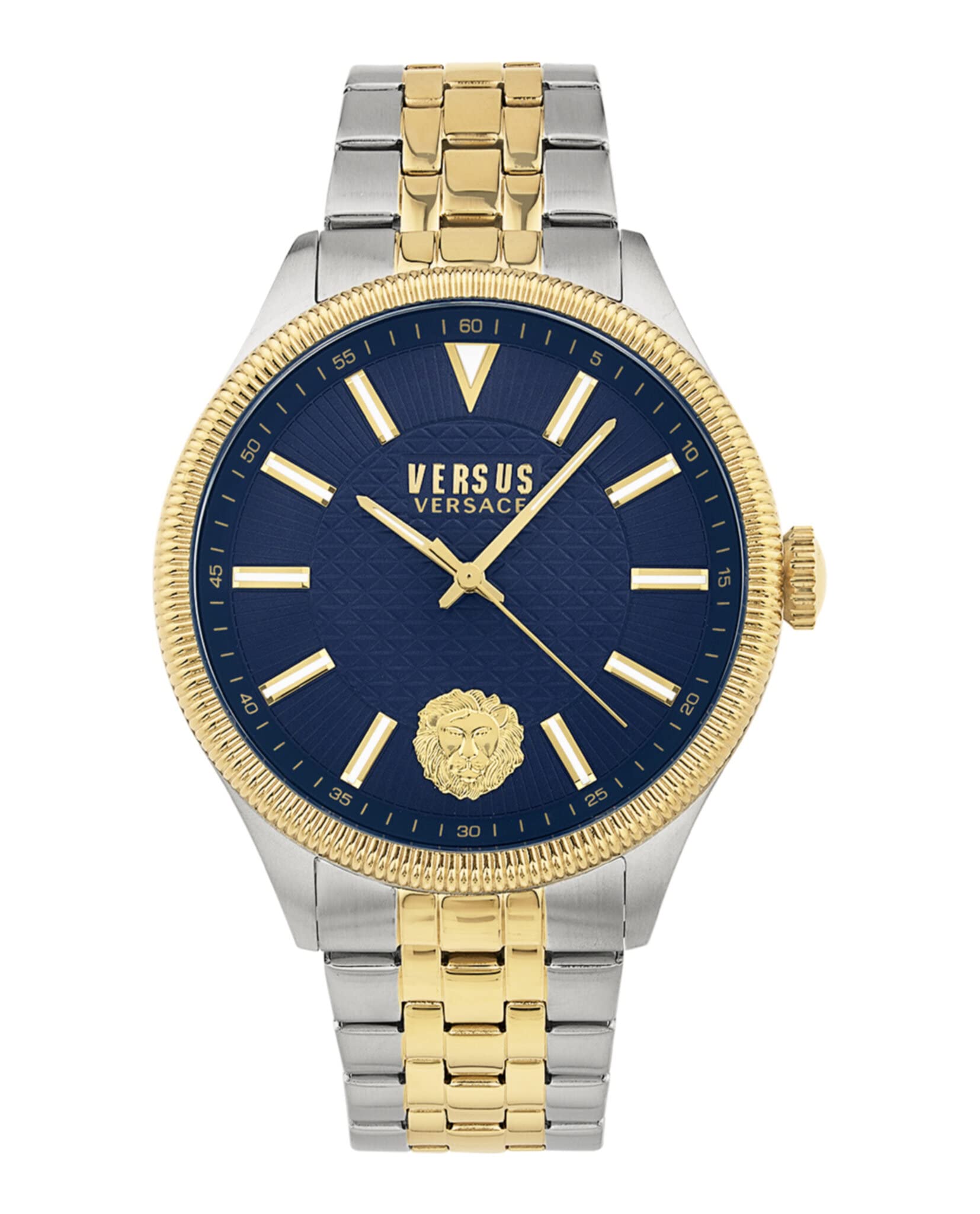 Versus Versace Mens Two Tone Watch. Colonne Collection. Adjustable Two Tone Bracelet Style Strap. Large Blue Dial Face and Go