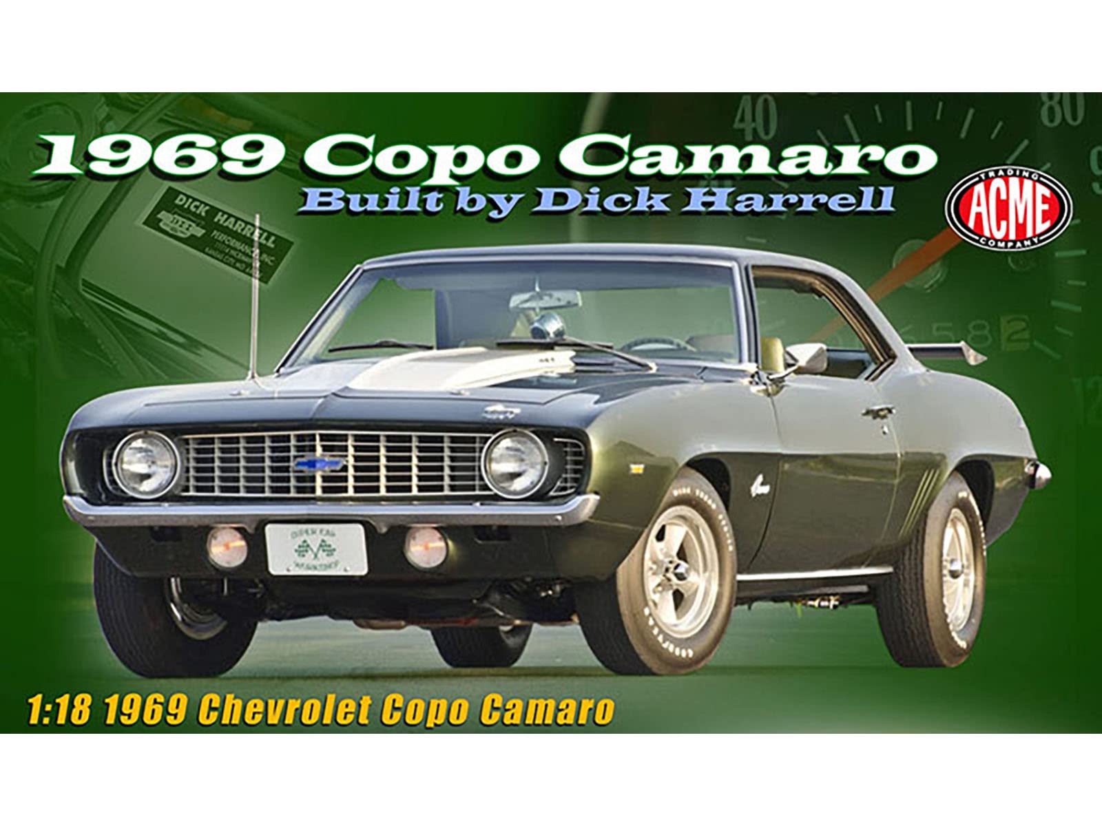 1969 Chevy Copo Camaro Dark Green Met. wWhite Hood Green Interior Built by Dick Harrell Ltd Ed to 864 pcs 118 Diecast Mod