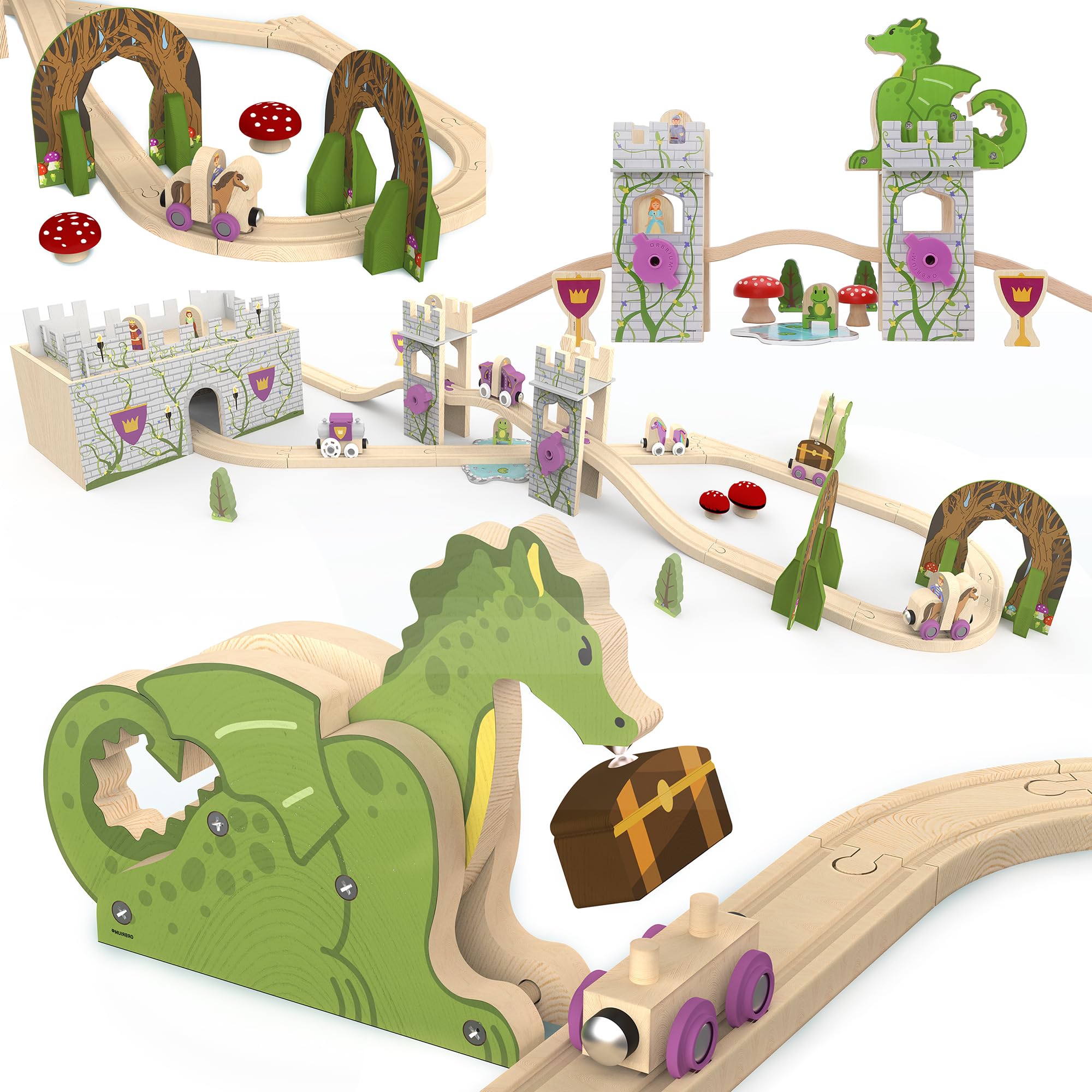 ORBRIUM 68 Pcs Fantasy Kingdom Adventure Wooden Train Set in Wooden Storage Box Unisex Children Toys Girls Boys 3 4 5 6 7 Yea