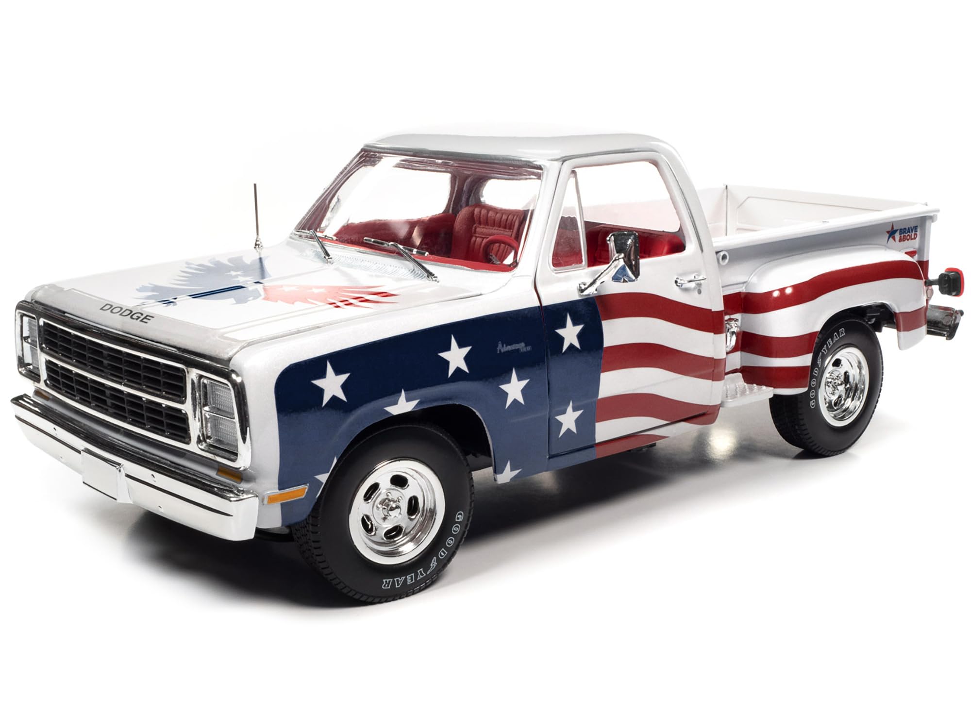 1980 D150 Adventurer Pickup Truck White with American Flag Graphics and Red Interior 118 Diecast Model Car by Auto World AW3