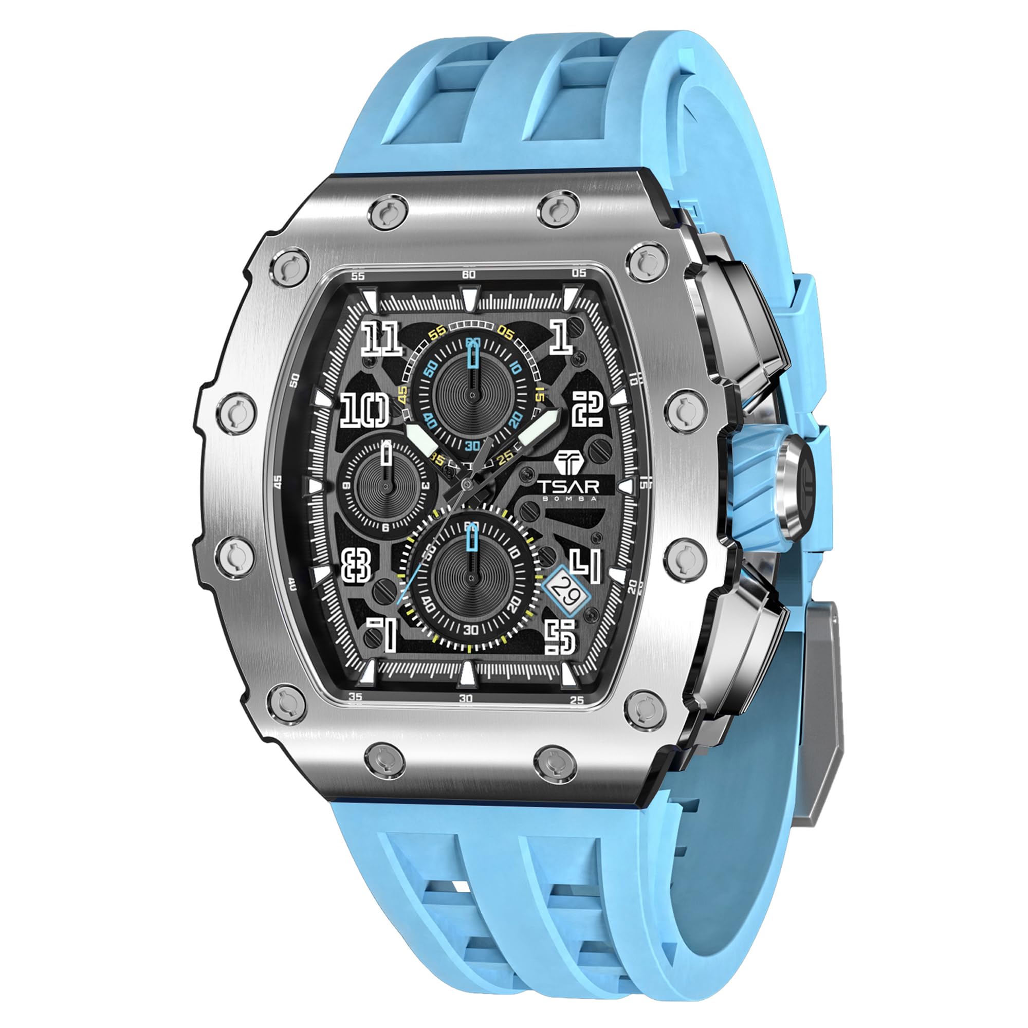 TSAR BOMBA Watches for Men Luxury Tonneau Wristwatch Analog 50M Waterproof Sapphire Glass Japanese Quartz Movement Silicone S