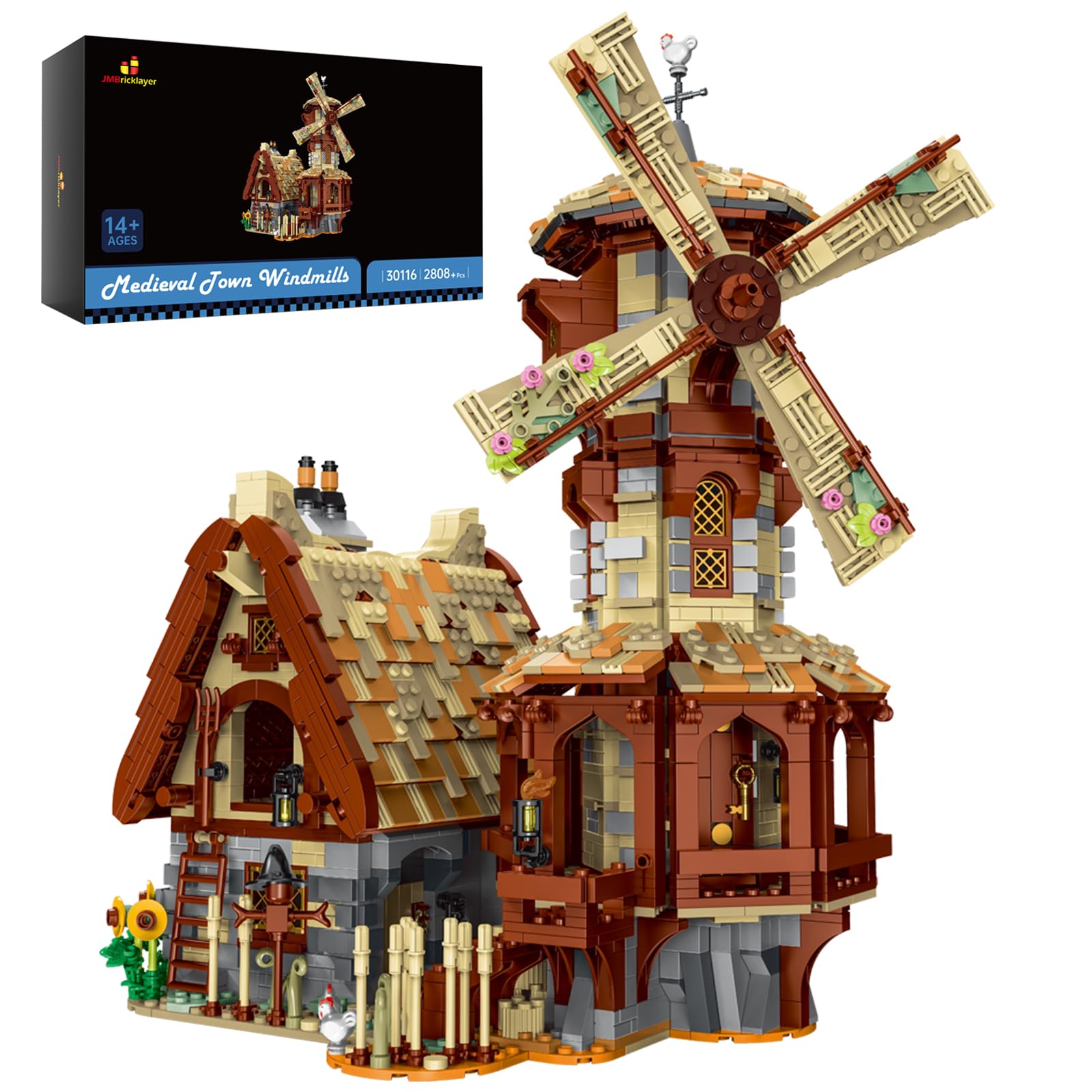 JMBricklayer Medieval Windmill House Building Set for Adults Town Windmill Mill Architecture Toys Village Castle Set Collec