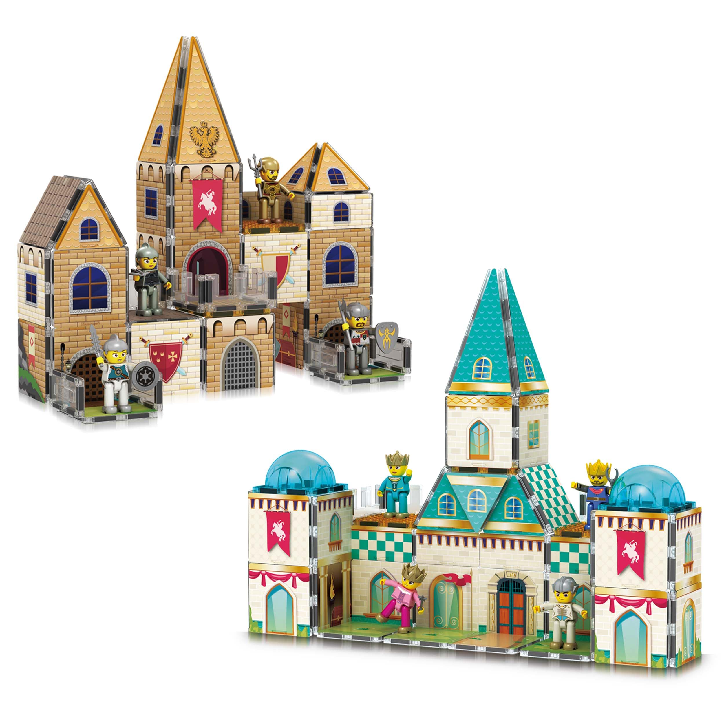 PicassoTiles 70pc Middle Age Medieval and Castle Theme Tile 2in1 8 Character Action Figures Magnet Tiles Building Block Prete