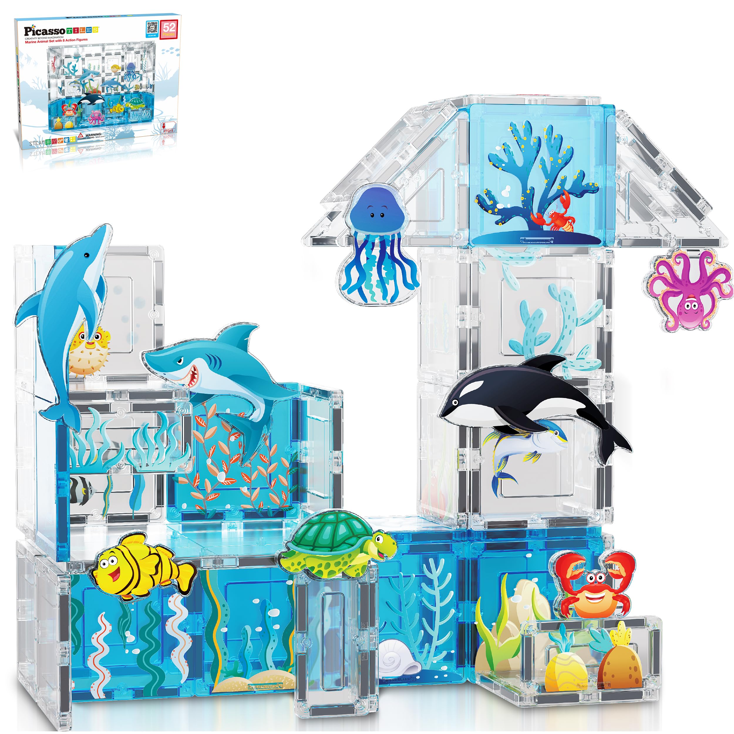 PicassoTiles Magnet Tile Building Blocks Aquarium Marine Animal Theme Set with 8 Character Action Figures STEM Construction M