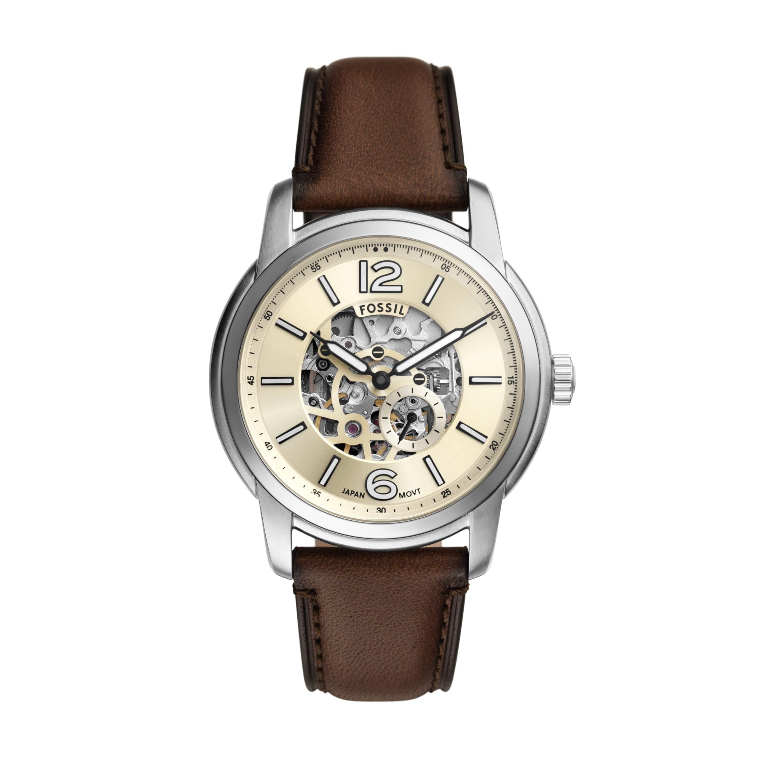 フォッシル Fossil Mens Heritage Automatic Silver Stainless Steel and Brown Leather Band Watch Model ME3264 送料無