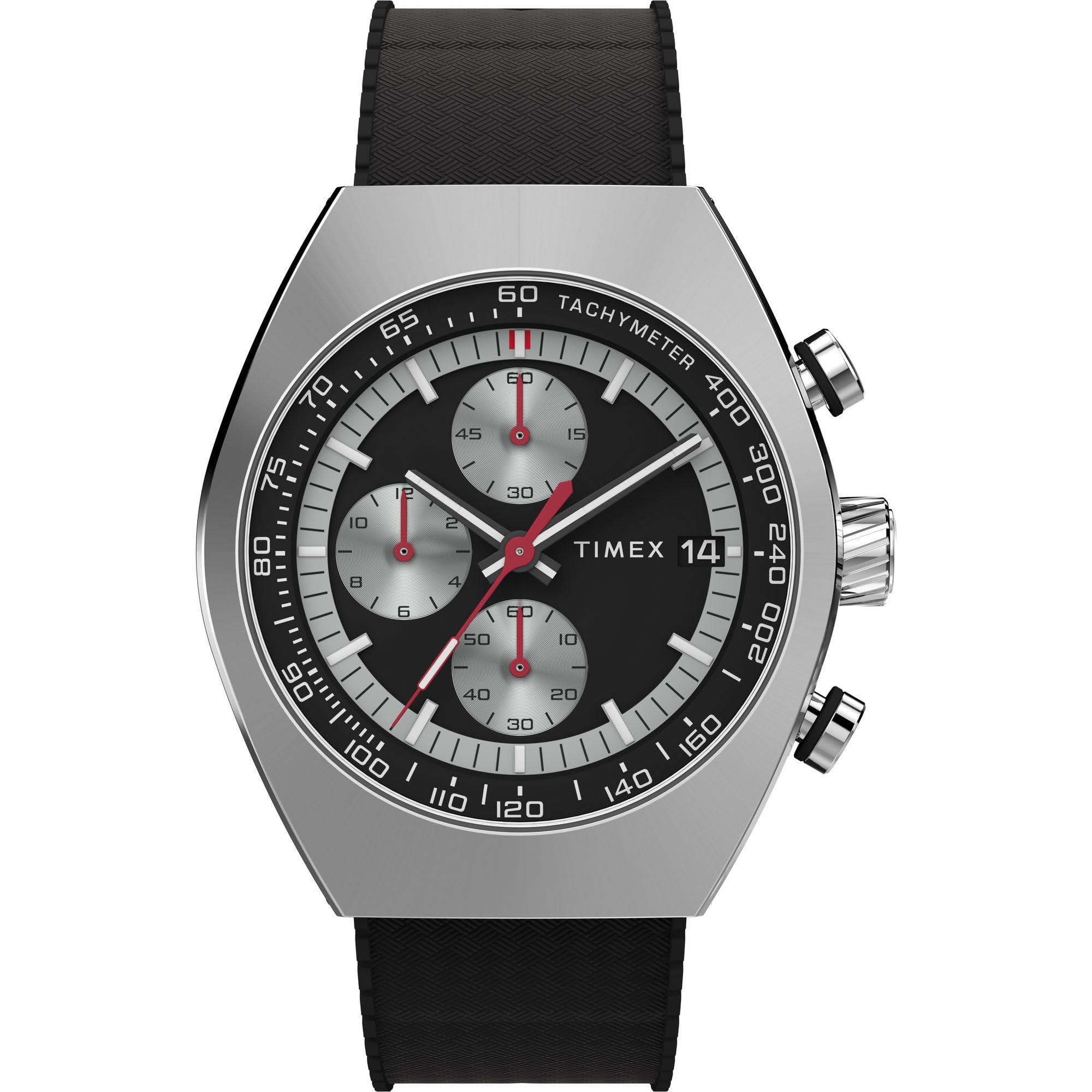 タイメックス Timex Mens Legacy Tonneau Chronograph 42mm Watch - Black Strap Black Dial Stainless Steel Case 送料無